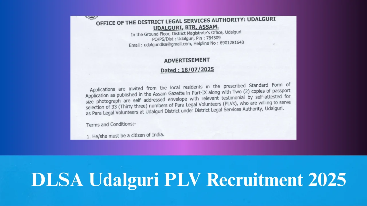 DLSA Udalguri PLV Recruitment 2025 – Apply for 33 Posts