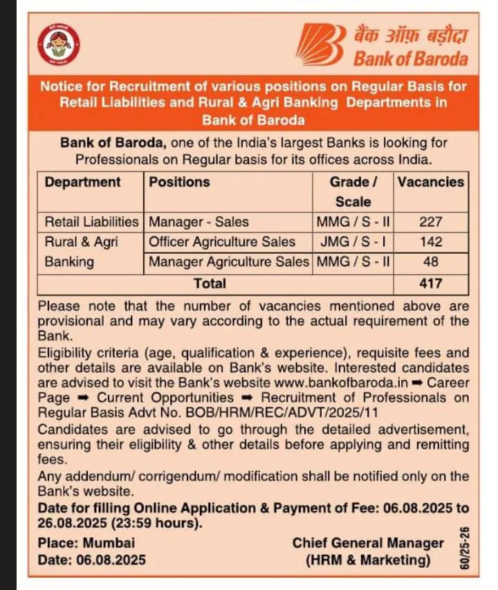 BOB Recruitment 2025 – Apply Online for 417 Sales & Agri Vacancies